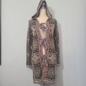 Free People Hooded Long Knit Cardigan in Brown, Cream & Rust